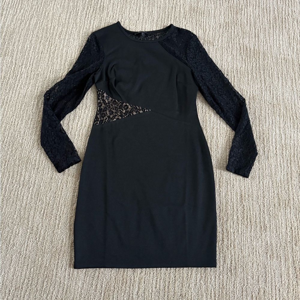 BCBGMaxAzria Black Sheath Dress with Lace Long Sleeves